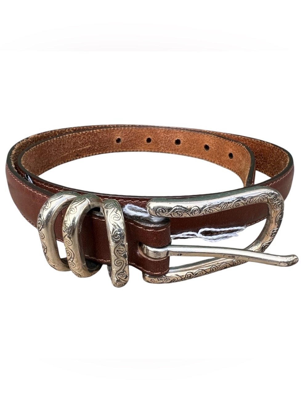 Brighton Vintage brown leather and silver etched western style belt M